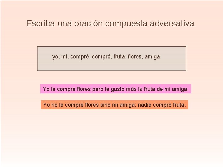 Escriba una oración compuesta adversativa. yo, mi, compré, compró, fruta, flores, amiga Yo le