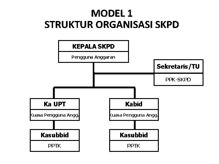 MODEL 1 STRUKTUR ORGANISASI SKPD KEPALA SKPD Pengguna Anggaran Sekretaris/TU PPK-SKPD Ka UPT Kabid