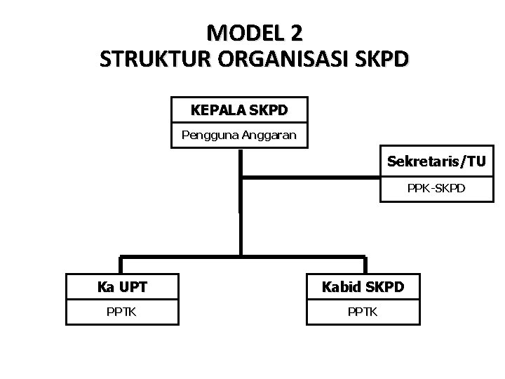 MODEL 2 STRUKTUR ORGANISASI SKPD KEPALA SKPD Pengguna Anggaran Sekretaris/TU PPK-SKPD Ka UPT Kabid