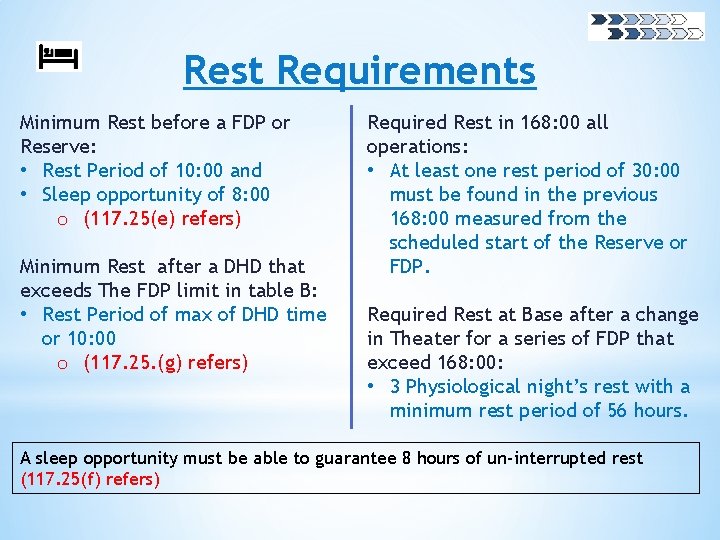 Rest Requirements Minimum Rest before a FDP or Reserve: • Rest Period of 10: