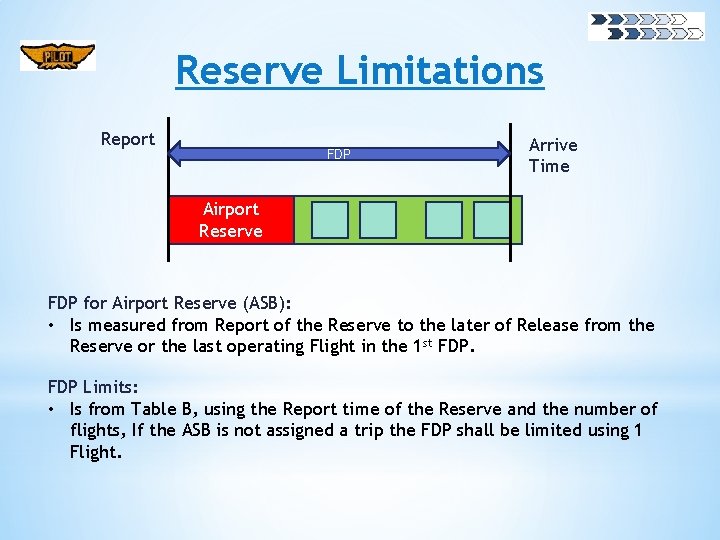 Reserve Limitations Report FDP Arrive Time Airport Reserve FDP for Airport Reserve (ASB): •