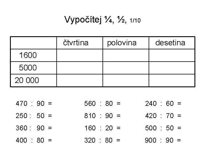 Vypočítej ¼, ½, 1/10 čtvrtina polovina desetina 1600 5000 20 000 470 : 90