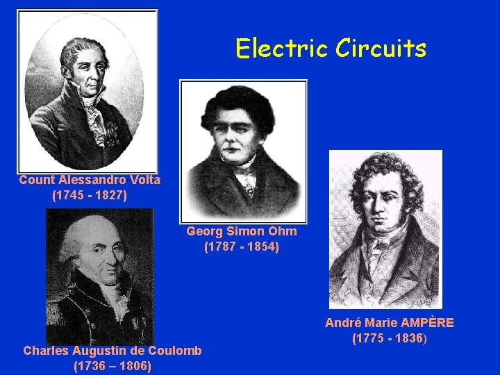 Electric Circuits Count Alessandro Volta (1745 - 1827) Georg Simon Ohm (1787 - 1854)