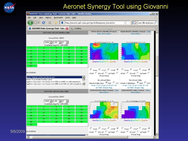 Aeronet Synergy Tool using Giovanni 5/6/2009 