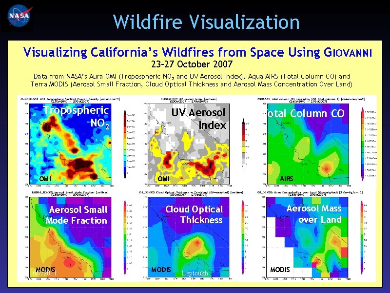 Wildfire Visualization Visualizing California’s Wildfires from Space Using GIOVANNI 23 -27 October 2007 Data