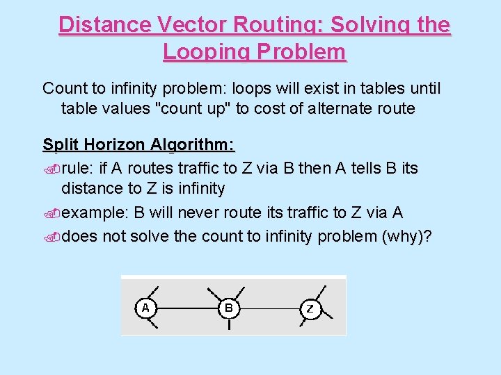 Distance Vector Routing: Solving the Looping Problem Count to infinity problem: loops will exist