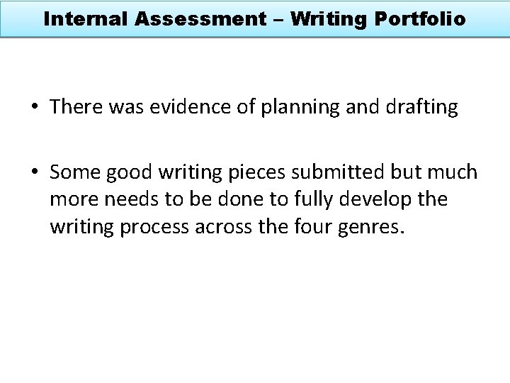 Internal Assessment – Writing Portfolio • There was evidence of planning and drafting •