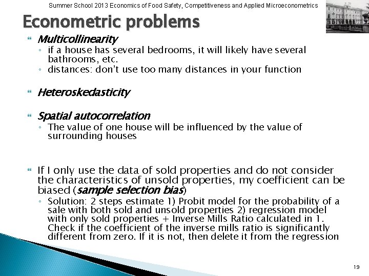 Summer School 2013 Economics of Food Safety, Competitiveness and Applied Microeconometrics Econometric problems Multicollinearity