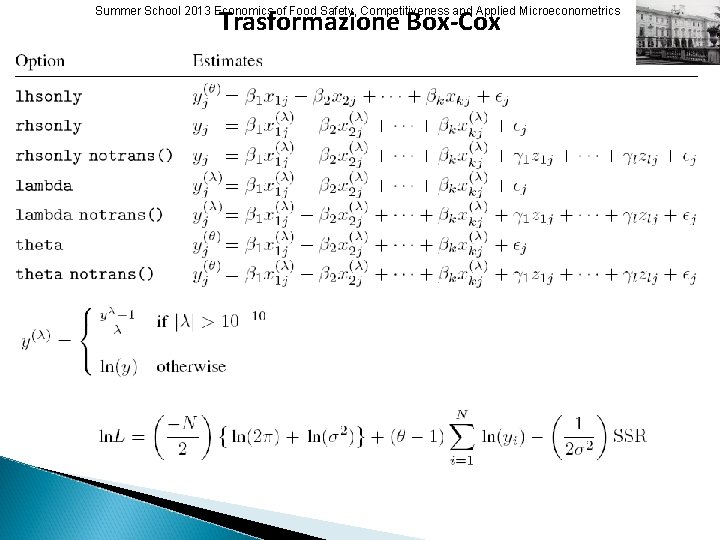 Trasformazione Box-Cox Summer School 2013 Economics of Food Safety, Competitiveness and Applied Microeconometrics 