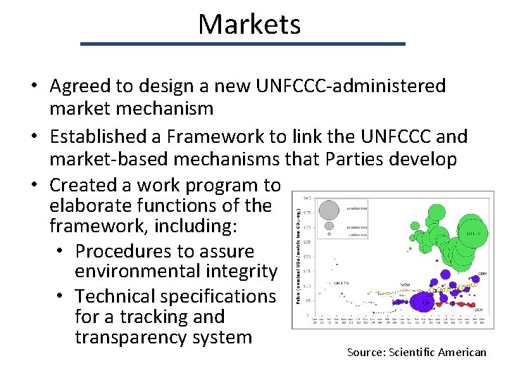 Markets • Agreed to design a new UNFCCC-administered market mechanism • Established a Framework