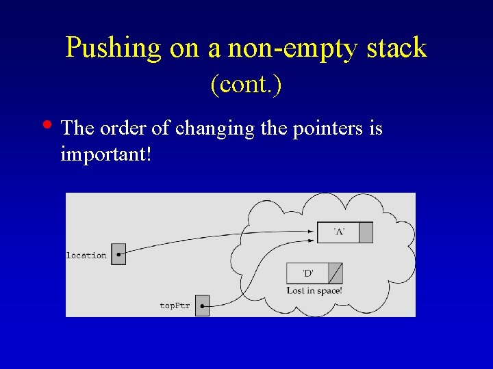 Pushing on a non-empty stack (cont. ) • The order of changing the pointers