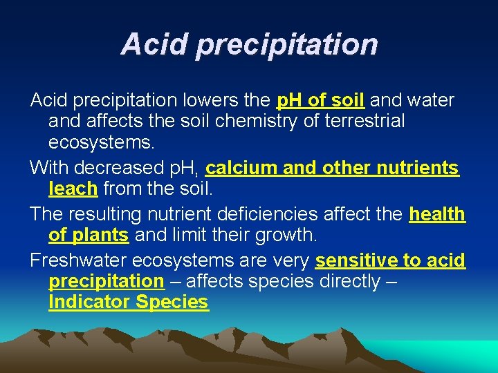 Acid precipitation lowers the p. H of soil and water and affects the soil