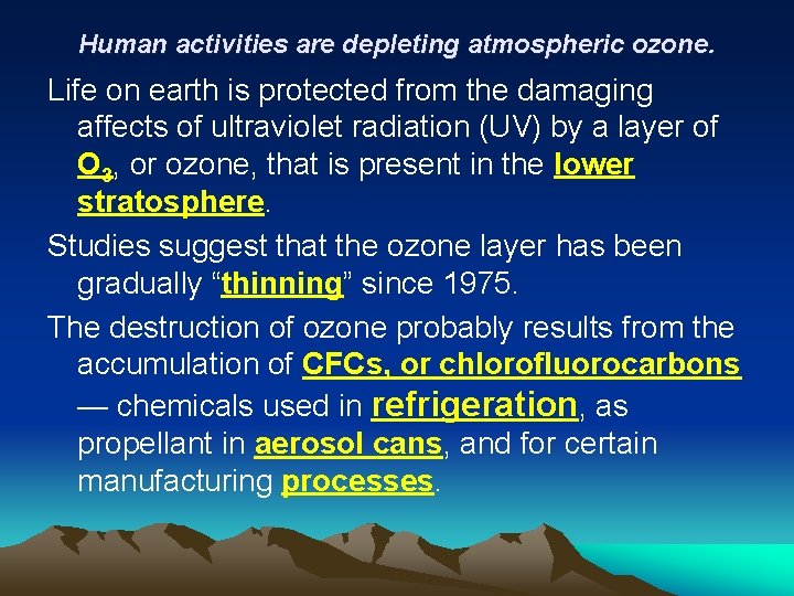 Human activities are depleting atmospheric ozone. Life on earth is protected from the damaging