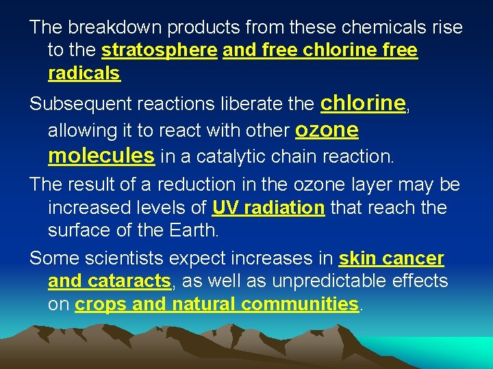 The breakdown products from these chemicals rise to the stratosphere and free chlorine free