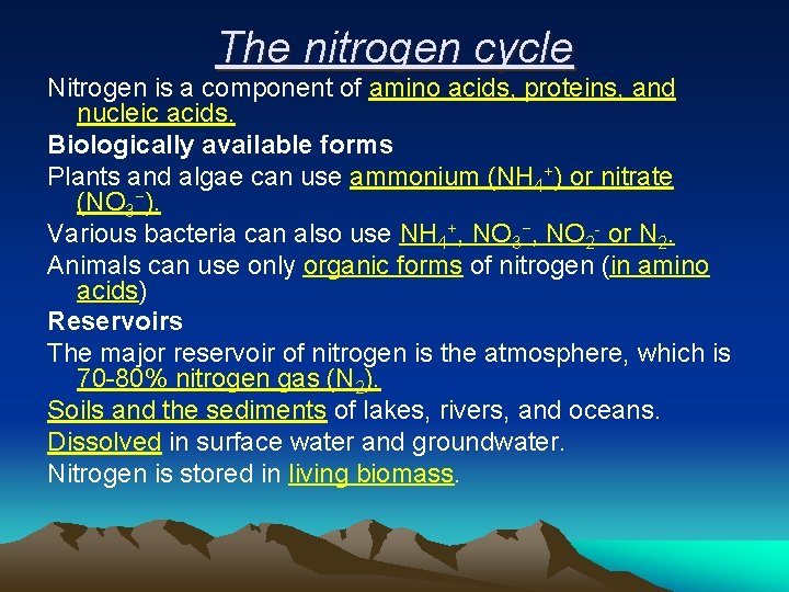 The nitrogen cycle Nitrogen is a component of amino acids, proteins, and nucleic acids.