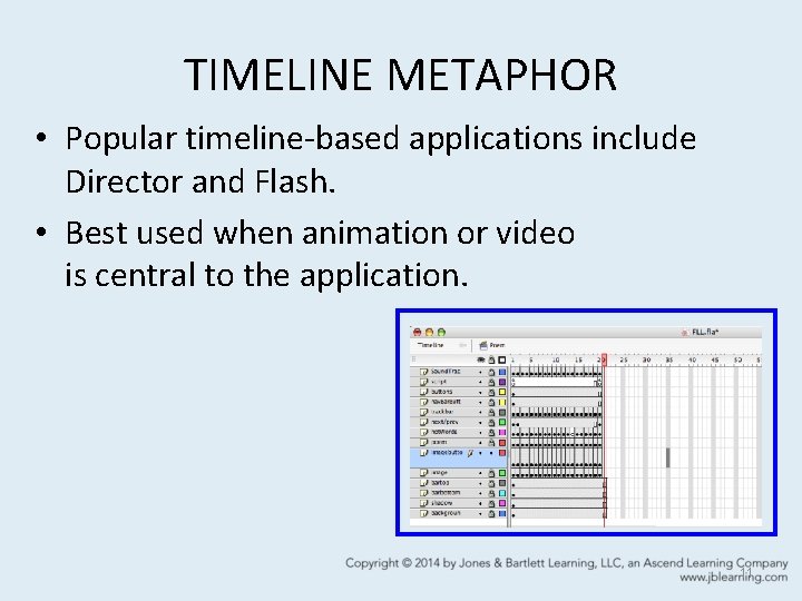 TIMELINE METAPHOR • Popular timeline-based applications include Director and Flash. • Best used when