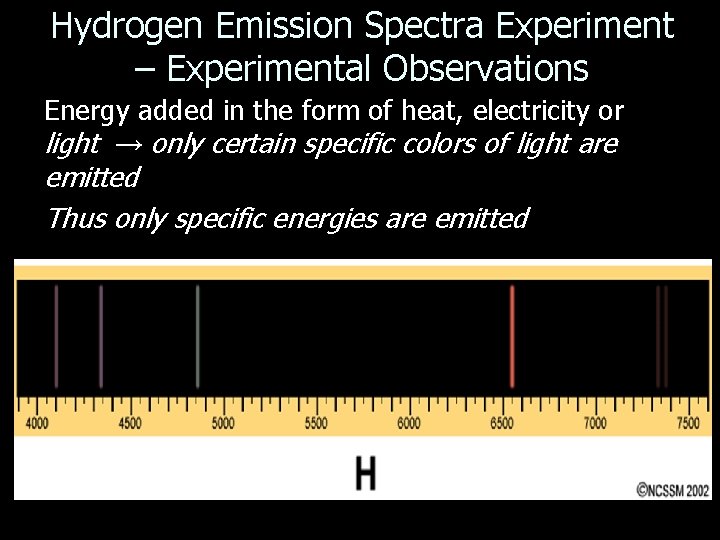 Hydrogen Emission Spectra Experiment – Experimental Observations Energy added in the form of heat,