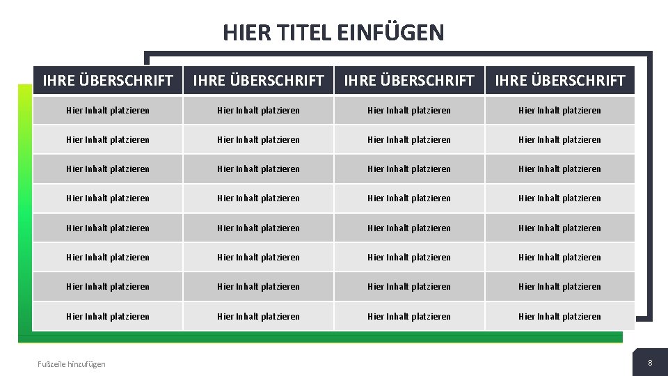 HIER TITEL EINFÜGEN IHRE ÜBERSCHRIFT Hier Inhalt platzieren Hier Inhalt platzieren Hier Inhalt platzieren