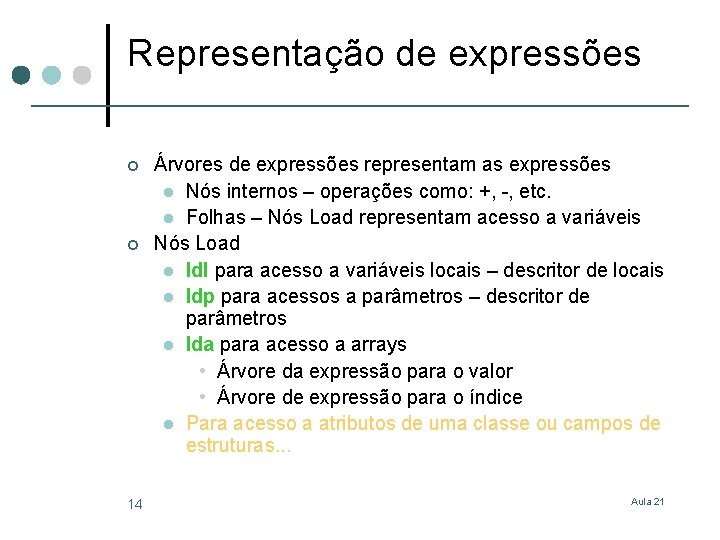 Representação de expressões ¢ ¢ 14 Árvores de expressões representam as expressões l Nós