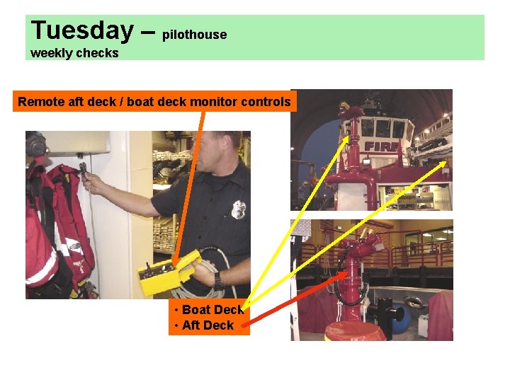 Tuesday – pilothouse weekly checks Remote aft deck / boat deck monitor controls •