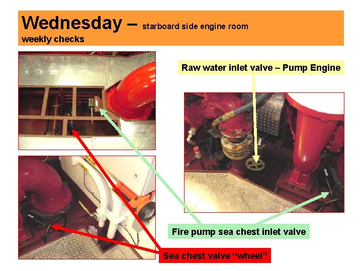 Wednesday – starboard side engine room weekly checks Raw water inlet valve – Pump