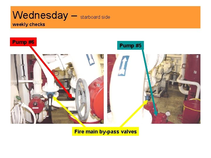 Wednesday – starboard side weekly checks Pump #6 Pump #5 Fire main by-pass valves