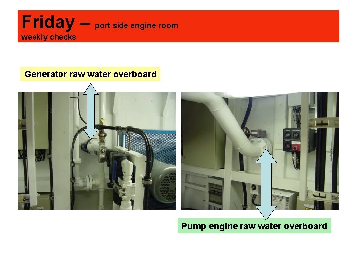 Friday – port side engine room weekly checks Generator raw water overboard Pump engine
