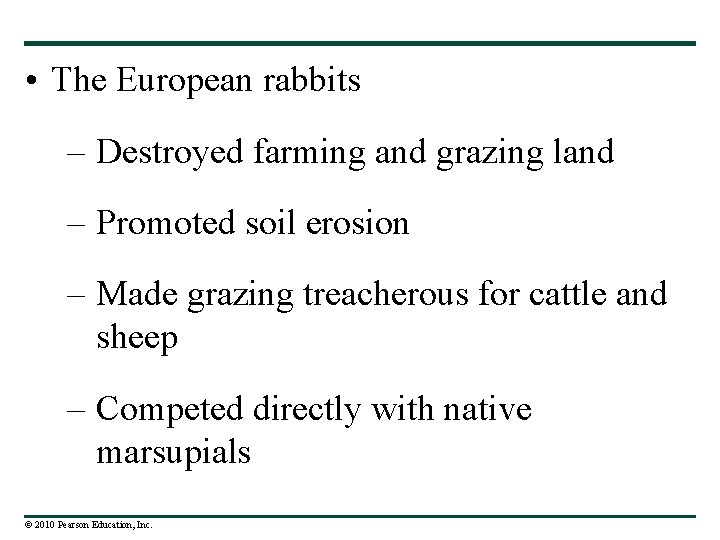  • The European rabbits – Destroyed farming and grazing land – Promoted soil
