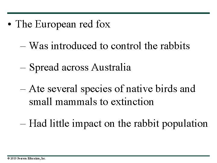  • The European red fox – Was introduced to control the rabbits –