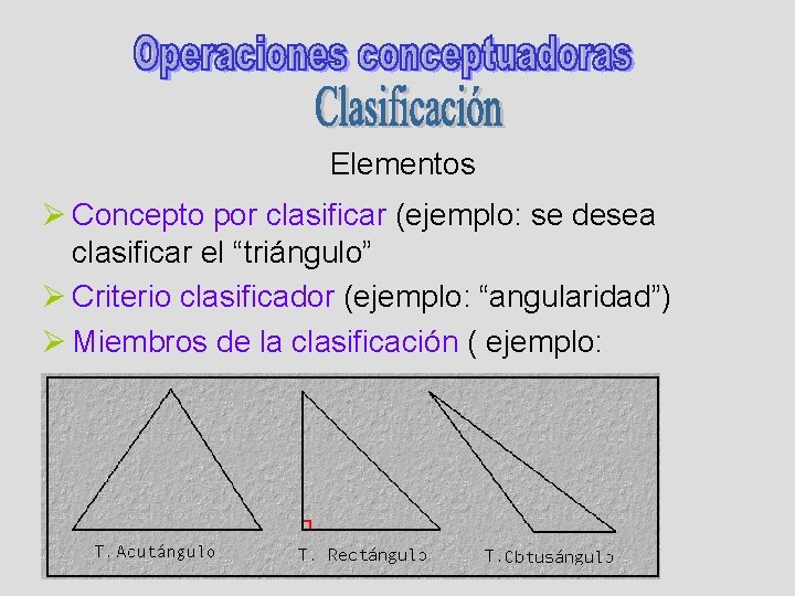 Elementos Ø Concepto por clasificar (ejemplo: se desea clasificar el “triángulo” Ø Criterio clasificador