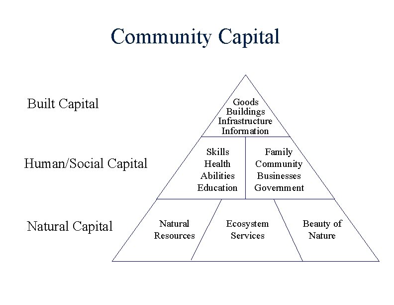 Community Capital Built Capital Goods Buildings Infrastructure Information Skills Health Abilities Education Human/Social Capital