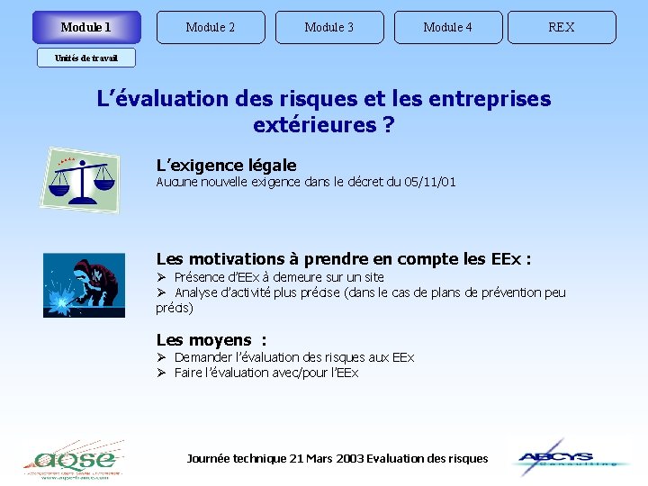 Module 1 Module 2 Module 3 Module 4 REX Unités de travail L’évaluation des