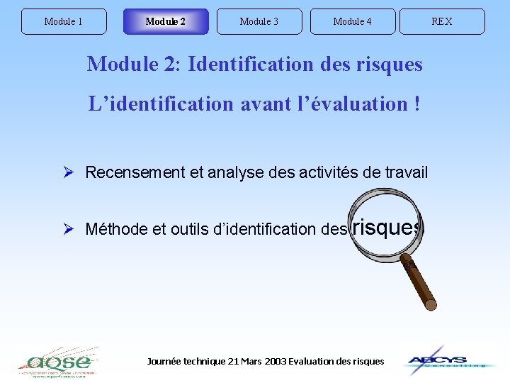 Module 1 Module 2 Module 3 Module 4 Module 2: Identification des risques L’identification