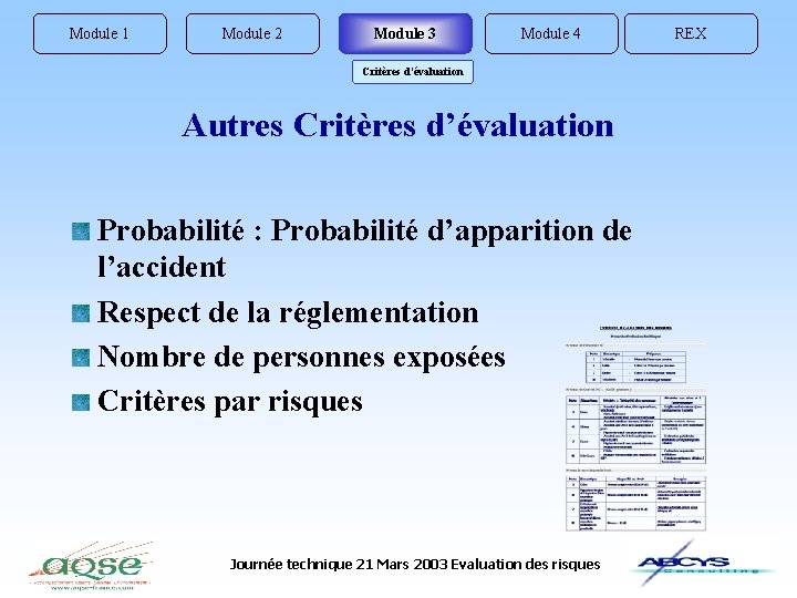 Module 1 Module 2 Module 3 Module 4 Critères d’évaluation Autres Critères d’évaluation Probabilité