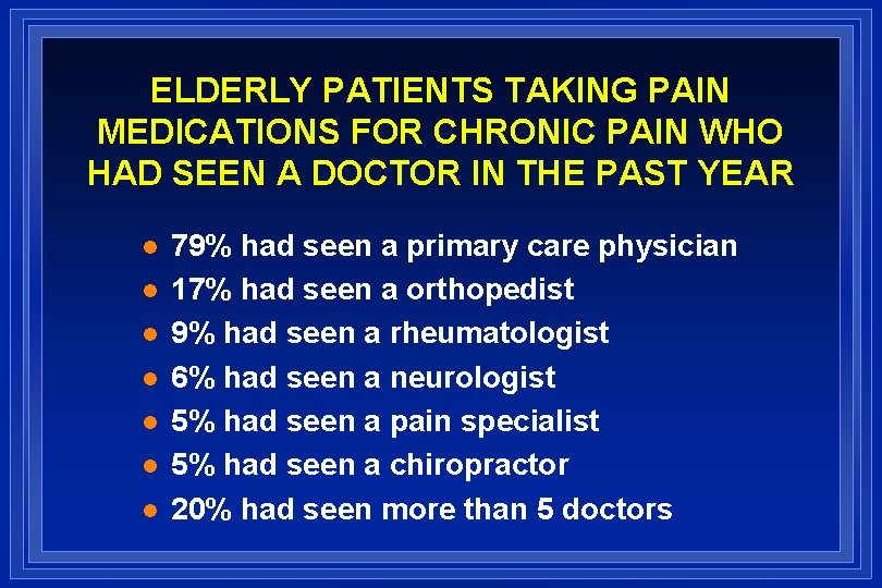 ELDERLY PATIENTS TAKING PAIN MEDICATIONS FOR CHRONIC PAIN WHO HAD SEEN A DOCTOR IN