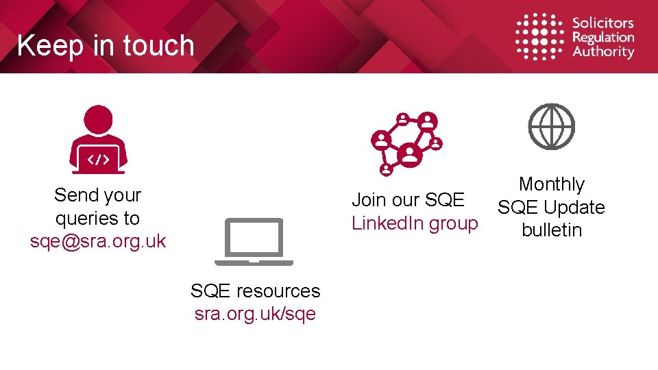 Keep in touch Send your queries to sqe@sra. org. uk Join our SQE Linked.