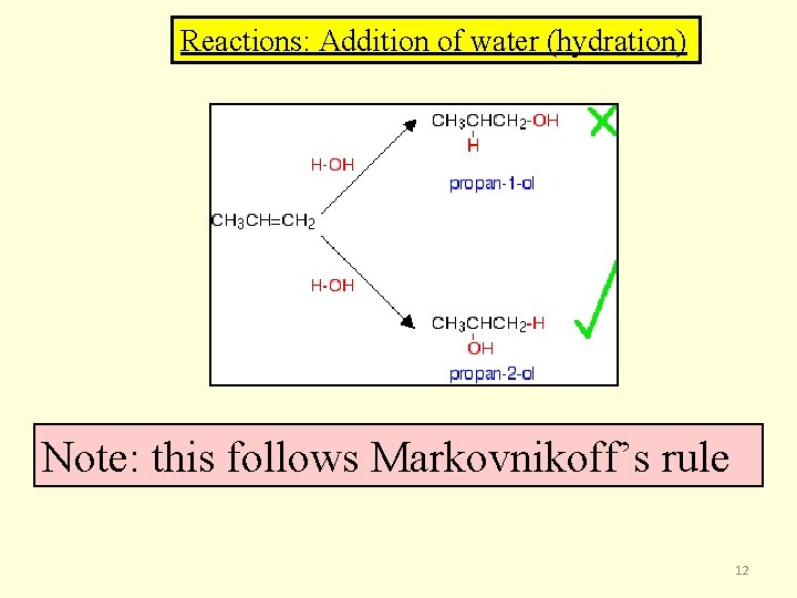 Reactions: Addition of water (hydration) Note: this follows Markovnikoff’s rule 12 