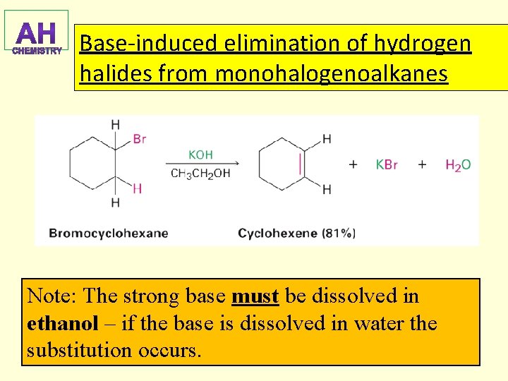 Base-induced elimination of hydrogen halides from monohalogenoalkanes Note: The strong base must be dissolved