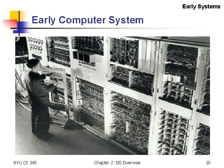 Early Systems Early Computer System BYU CS 345 Chapter 2: OS Overview 20 
