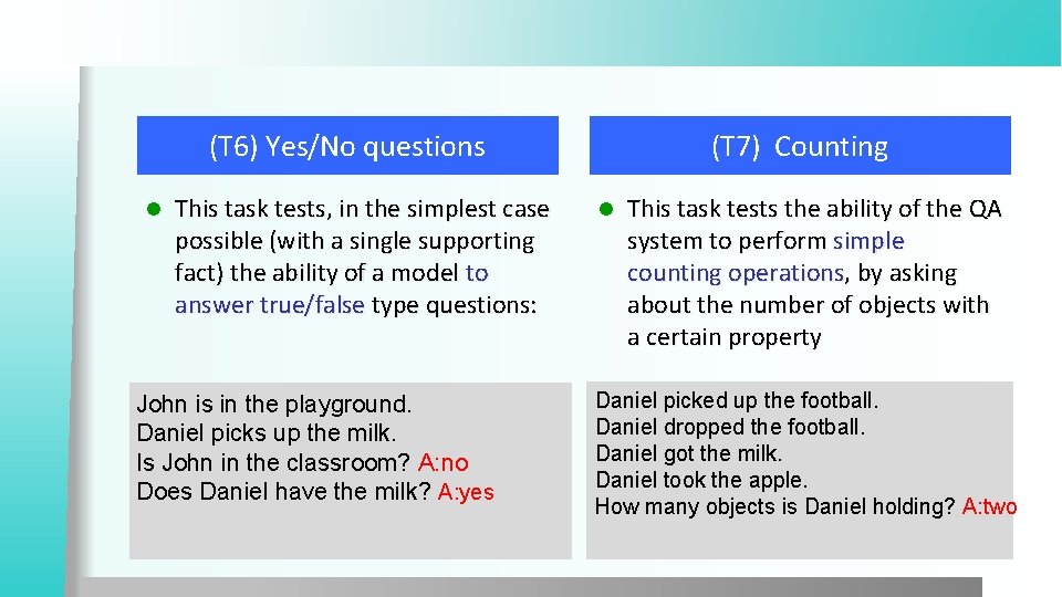 (T 6) Yes/No questions l This task tests, in the simplest case possible (with