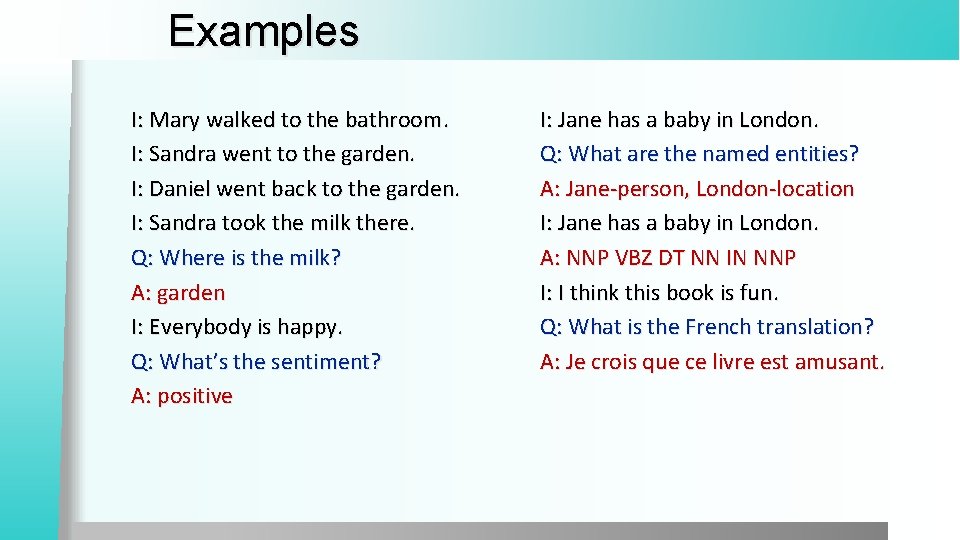 Examples I: Mary walked to the bathroom. I: Sandra went to the garden. I: