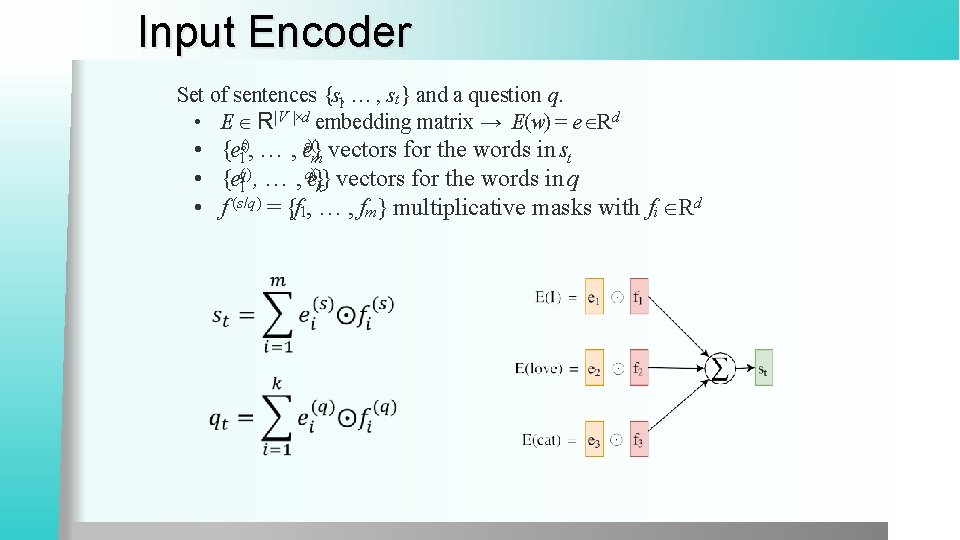 Input Encoder Set of sentences {s 1, … , st } and a question