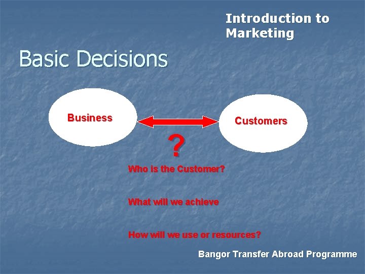 Introduction to Marketing Basic Decisions Business Customers ? Who is the Customer? What will