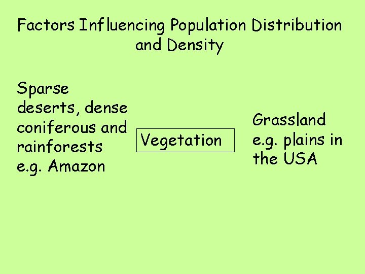 Factors Influencing Population Distribution and Density Sparse deserts, dense coniferous and Vegetation rainforests e.