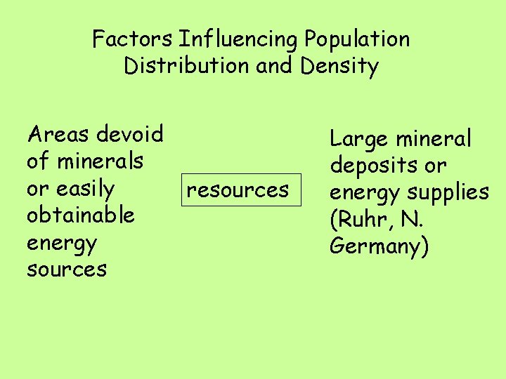Factors Influencing Population Distribution and Density Areas devoid of minerals or easily obtainable energy