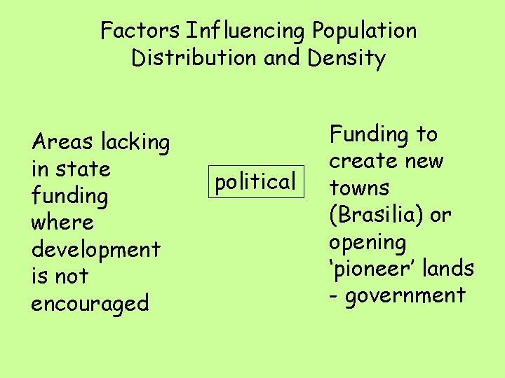 Factors Influencing Population Distribution and Density Areas lacking in state funding where development is