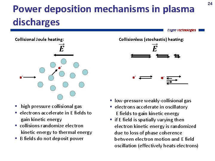 Power deposition mechanisms in plasma discharges Collisional Joule heating: Collisionless (stochastic) heating: - high