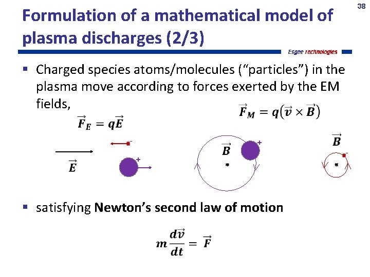 38 Formulation of a mathematical model of plasma discharges (2/3) Charged species atoms/molecules (“particles”)