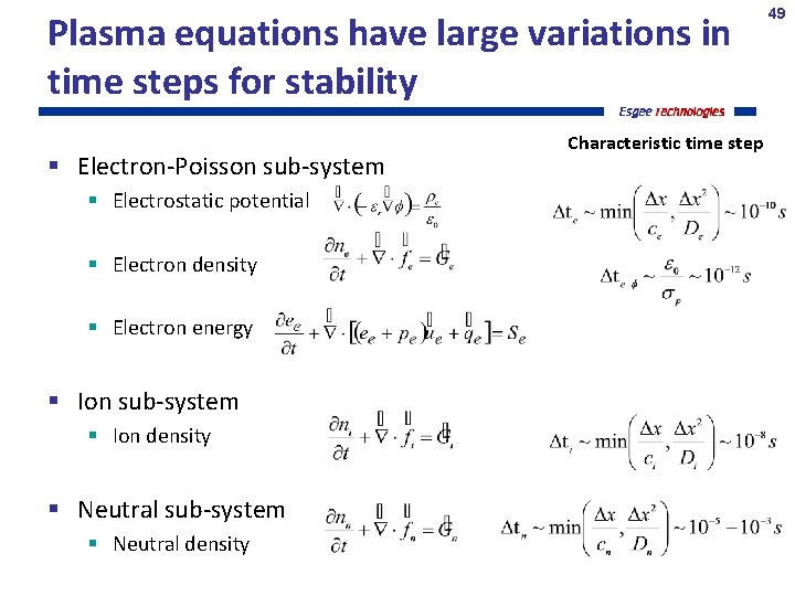 Plasma equations have large variations in time steps for stability Electron-Poisson sub-system Electrostatic potential