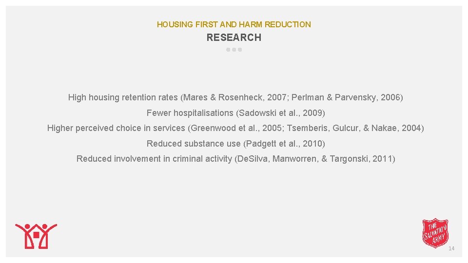 HOUSING FIRST AND HARM REDUCTION RESEARCH High housing retention rates (Mares & Rosenheck, 2007;